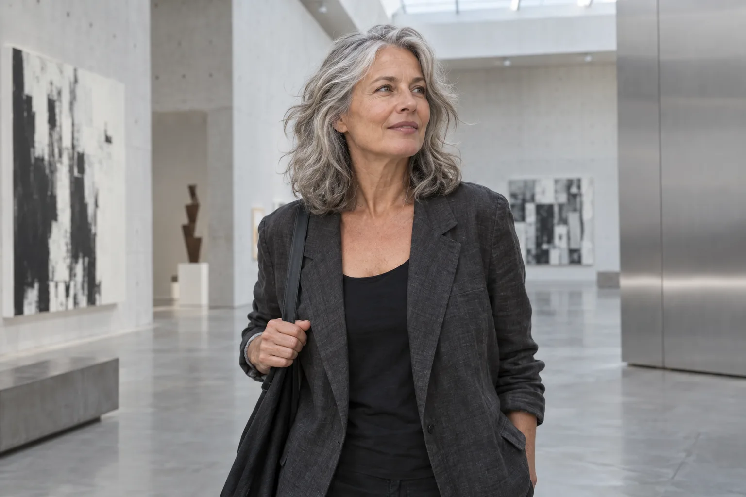 Femme adulte aux cheveux gris argentés ondulés jusqu’aux épaules, avec des pointes souples, dans une galerie lumineuse