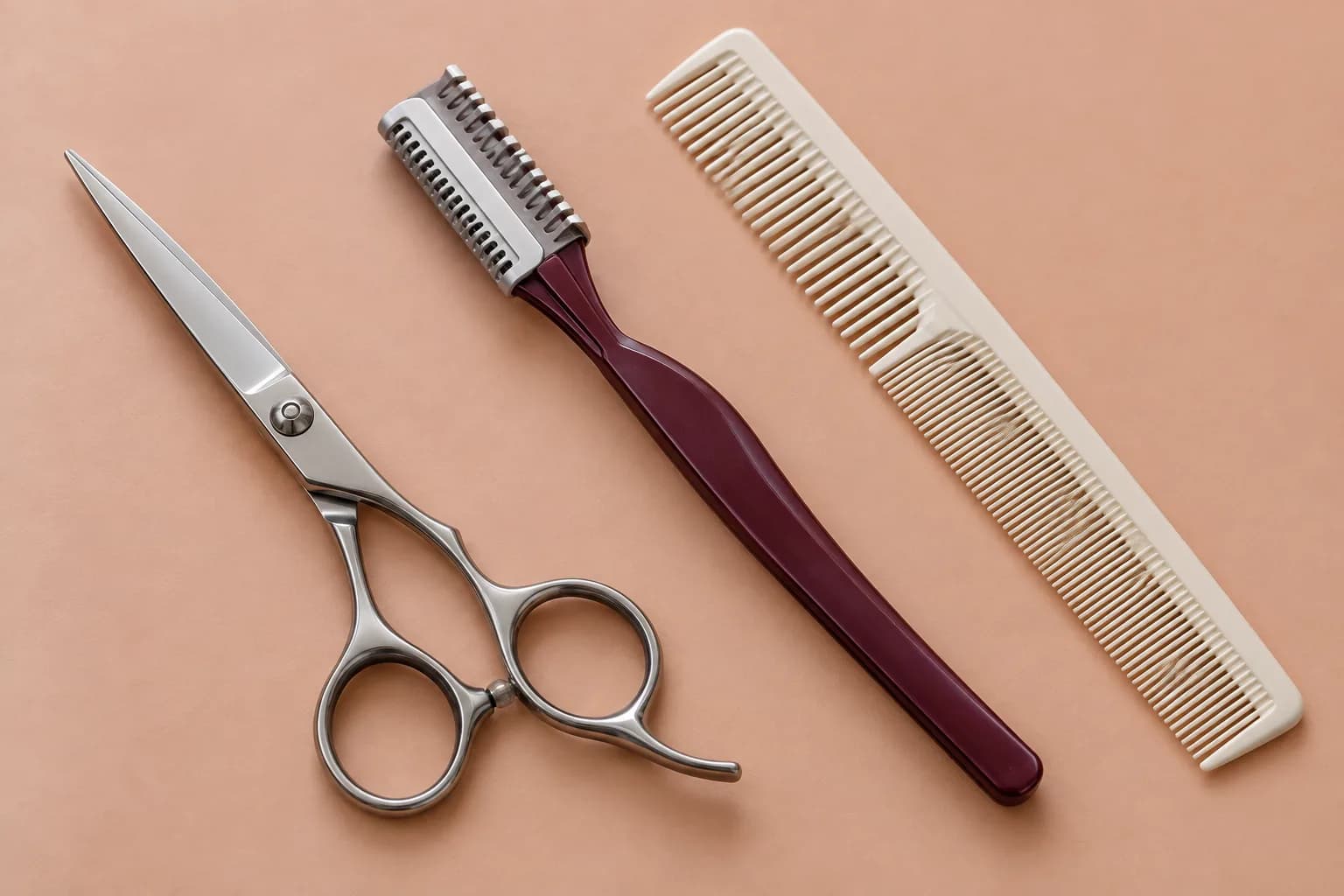 Illustration photographique de ciseaux de coiffure fermés, d’un rasoir de coupe protégé et d’un peigne sur une surface pêche