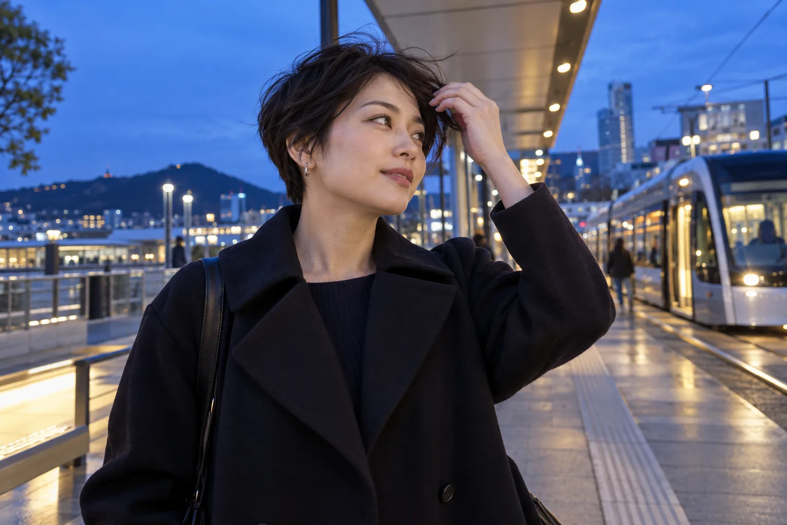 夕暮れの停留所で、丸みのある顔立ちに合わせた短いピクシーカットの前髪を整える成人