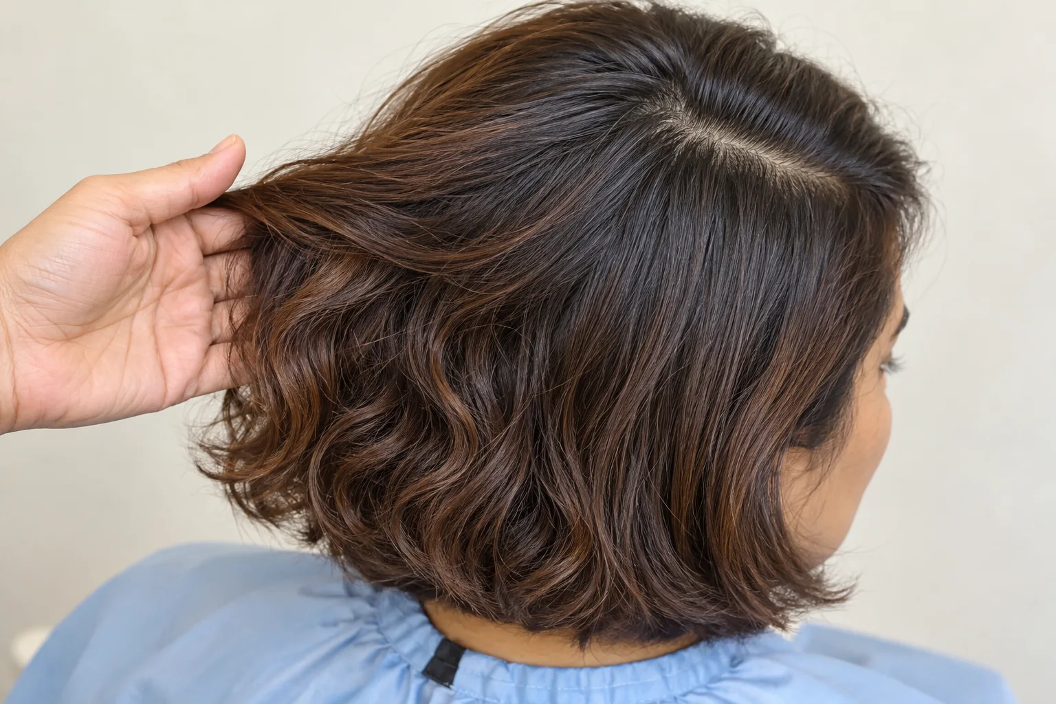 Close view of relatively straight roots meeting wavier lengths in an adult woman's short brown bob
