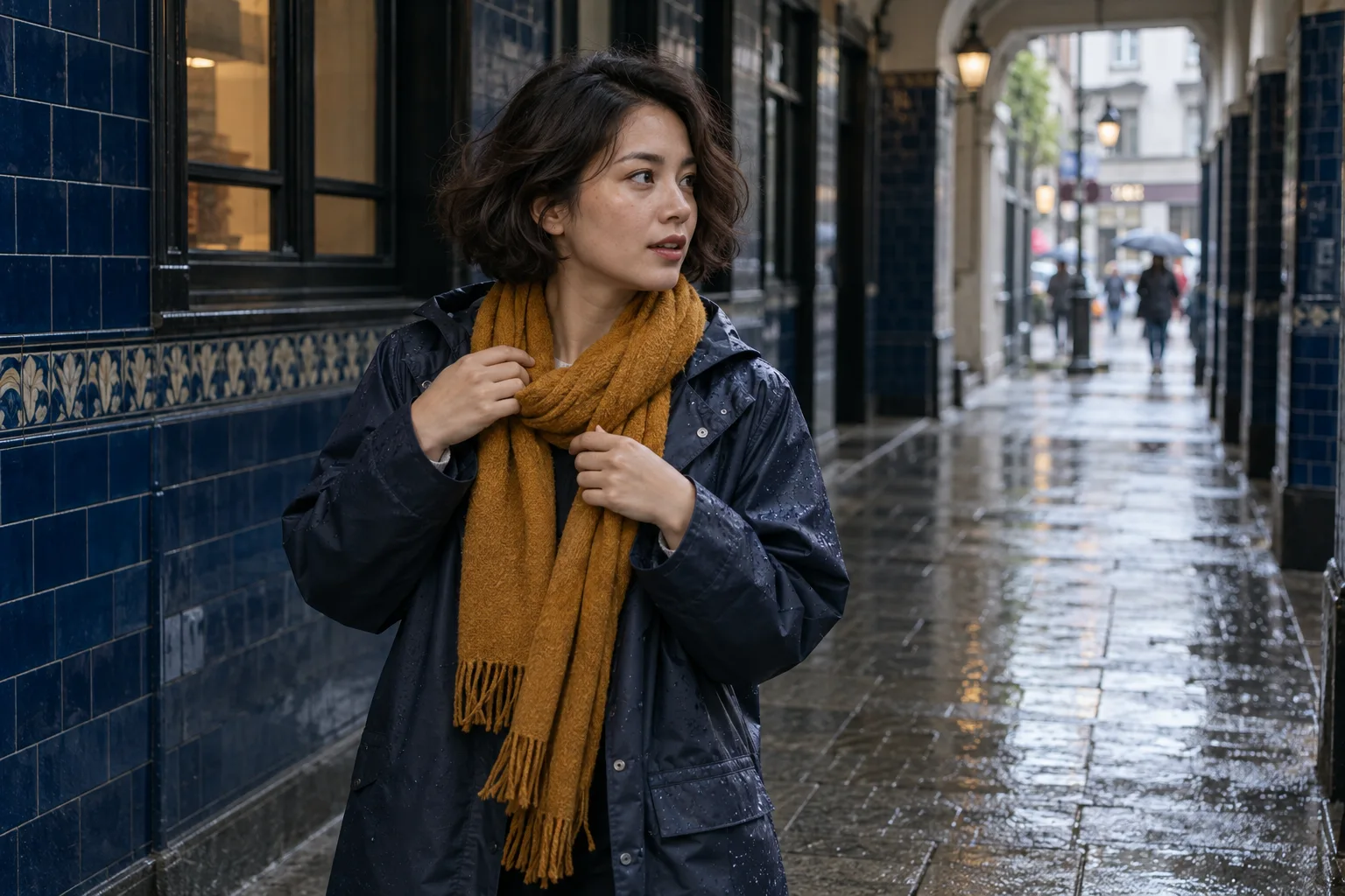 Adult woman with a short wavy bob adjusting an ochre scarf in a blue tiled passage