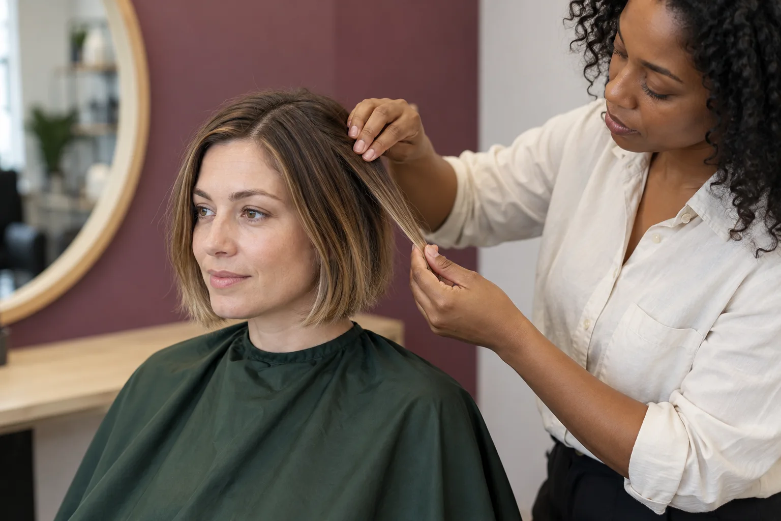 Hair professional examining the dry lengths of an adult client with a short dark blonde bob