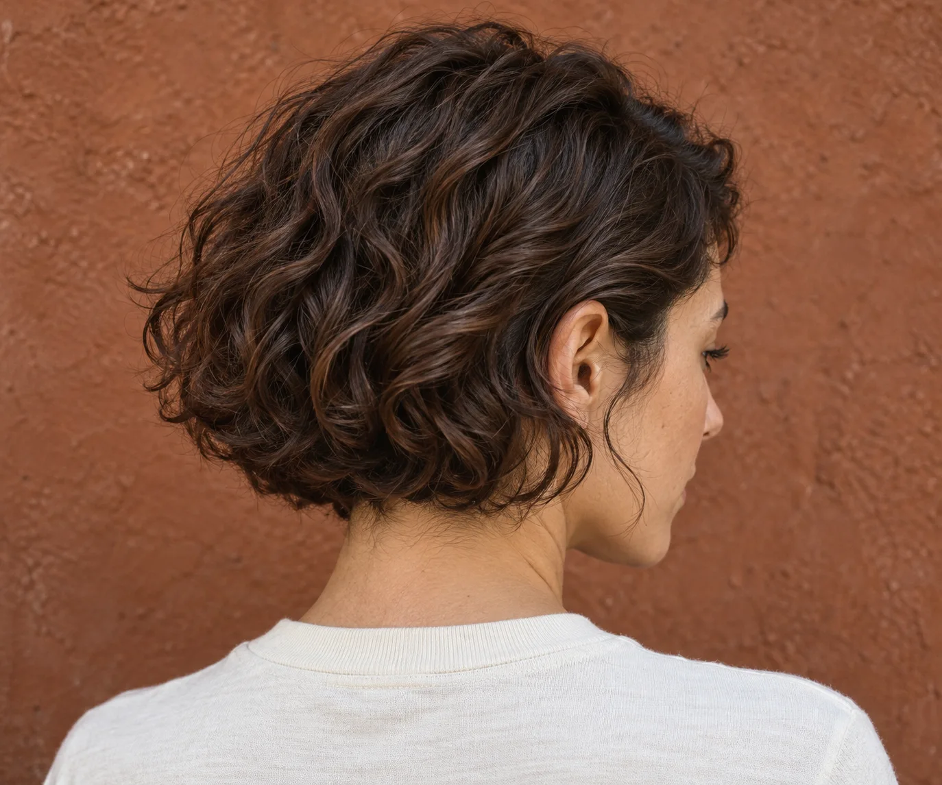 Rear three-quarter view of an adult woman with a loosely curled chestnut bob and visible nape