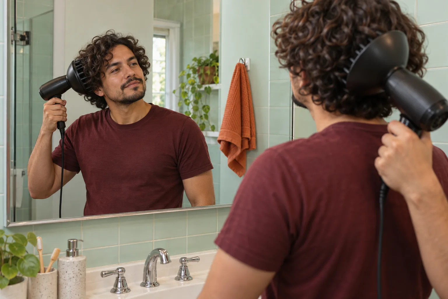 Adult man with short brown curls holding a diffuser beside his hair at a mint bathroom mirror