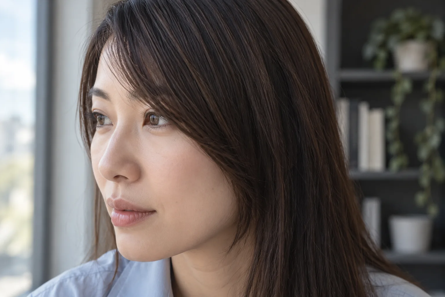 Close view of a dry dark diagonal fringe ending beside an adult woman’s cheekbone, with her eye visible