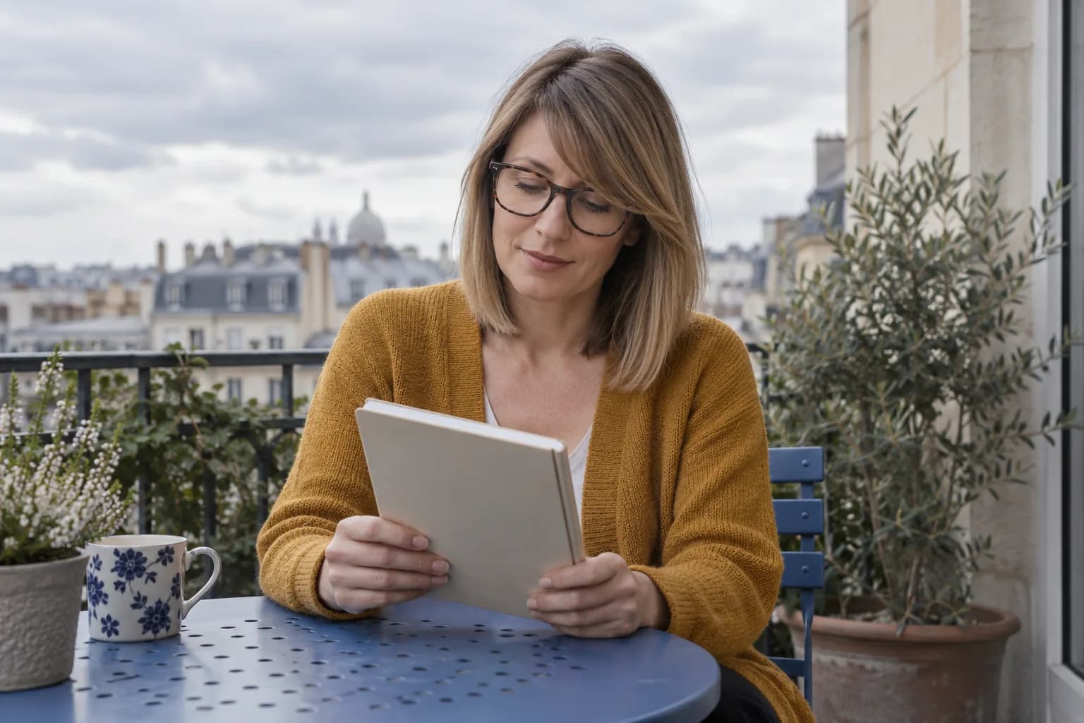 Adult woman with dark blonde side-swept bangs and acetate glasses holding a notebook at a blue balcony table
