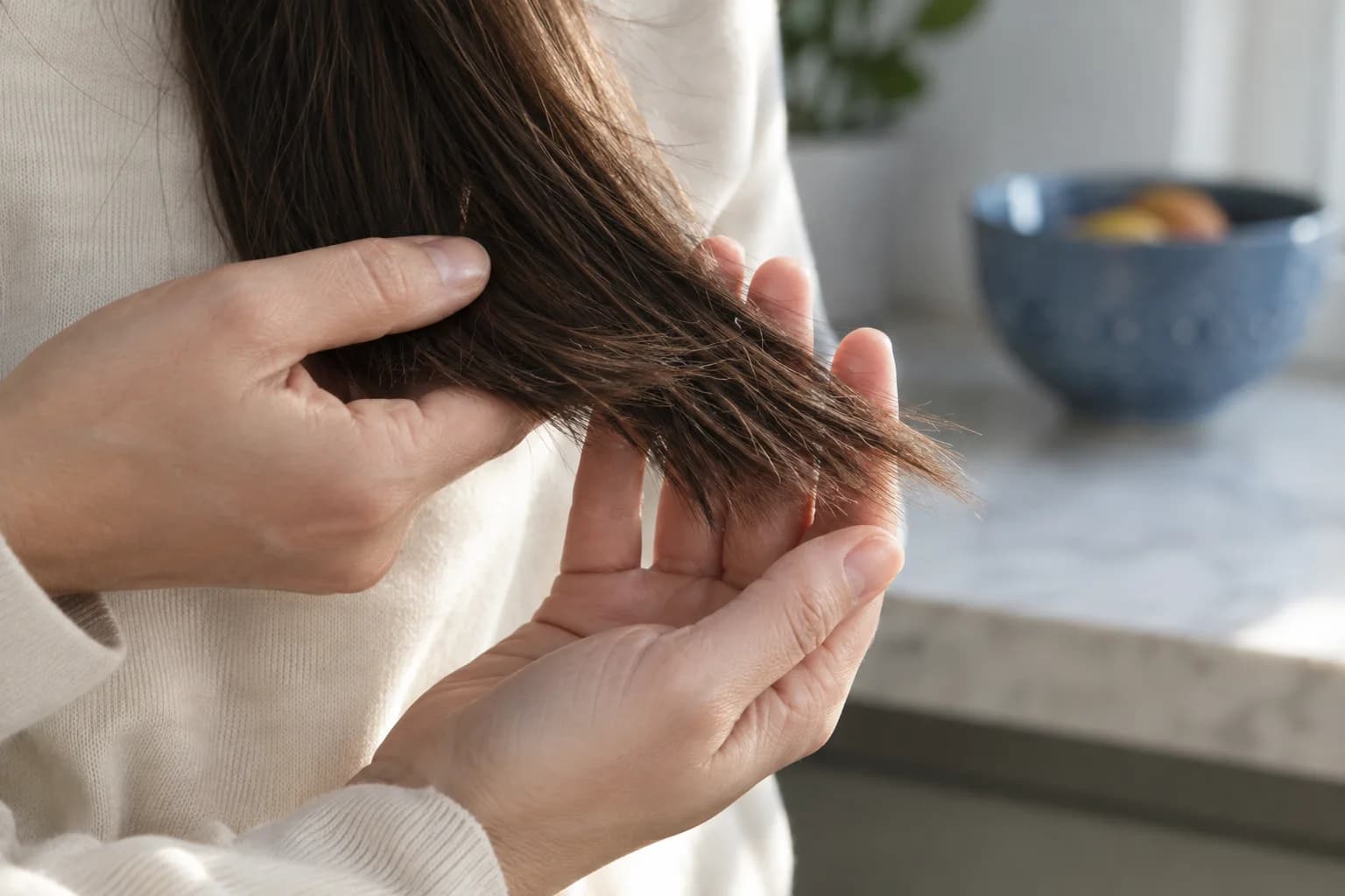 Adult hands supporting naturally uneven dark brown hair tips against a cream cotton sleeve