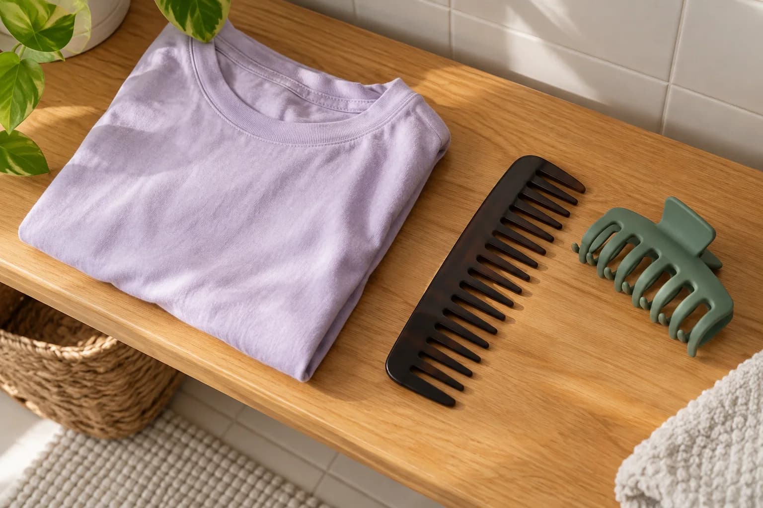 Wide-tooth dark comb, lavender cotton cloth and green claw clip on a wooden bathroom shelf