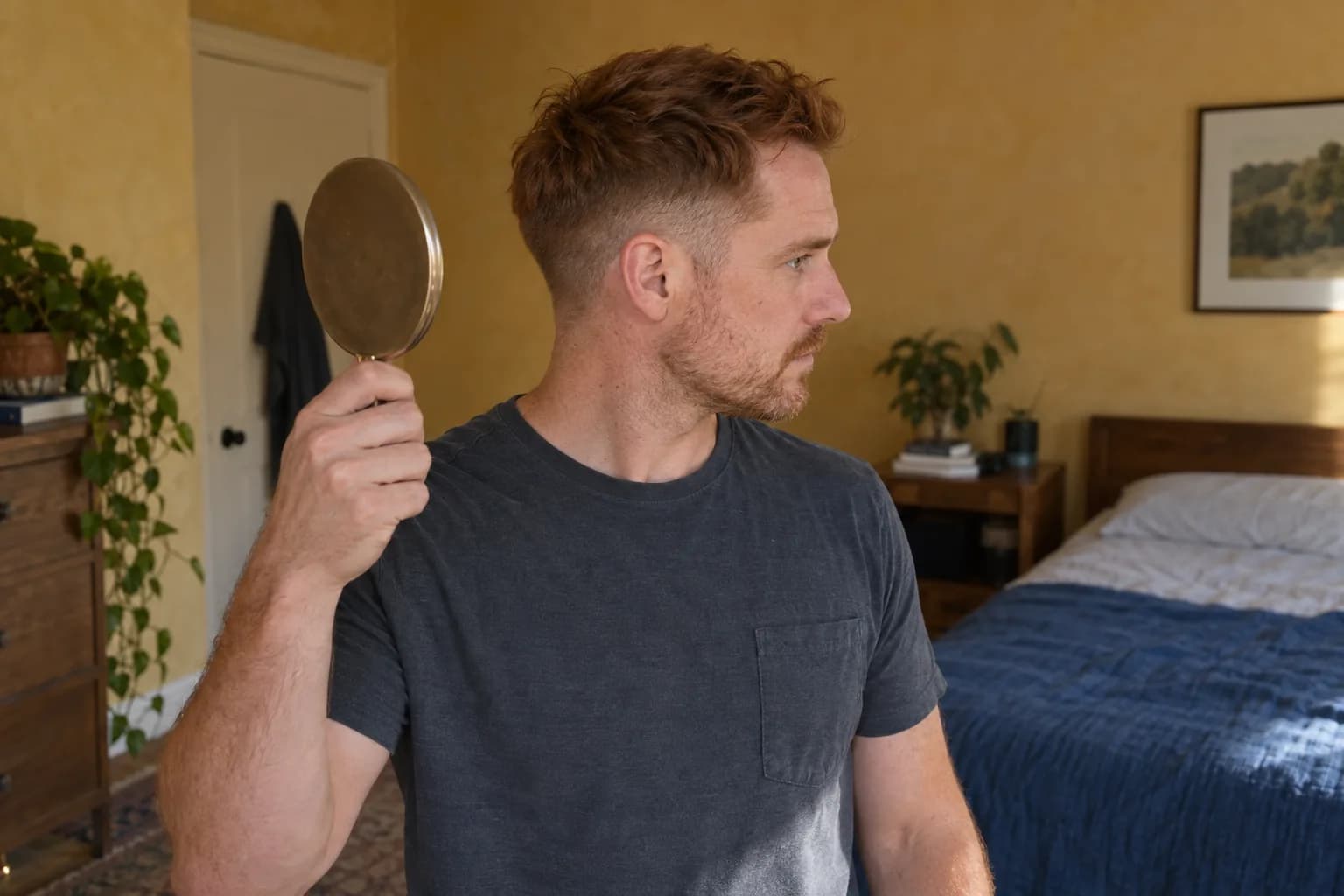 Adult man with auburn hair and a softened grown-in low fade inspecting his side outline with a small hand mirror in a bedroom
