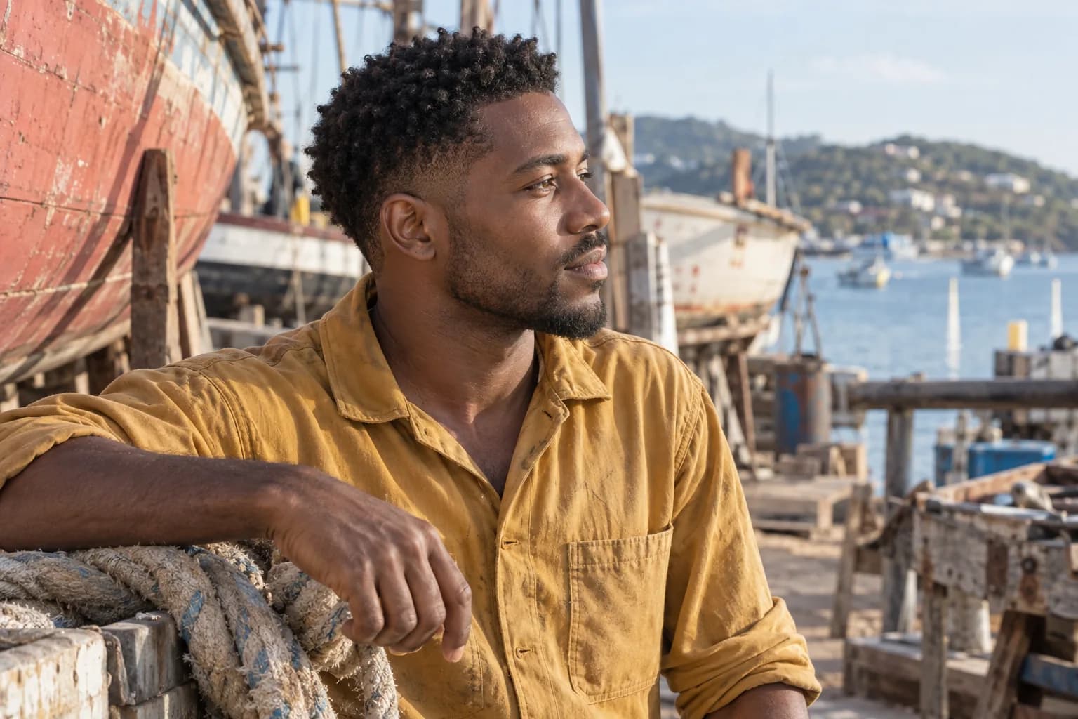 Adult man with short coily hair and a low temple taper standing in a sunlit harbor yard in a mustard shirt