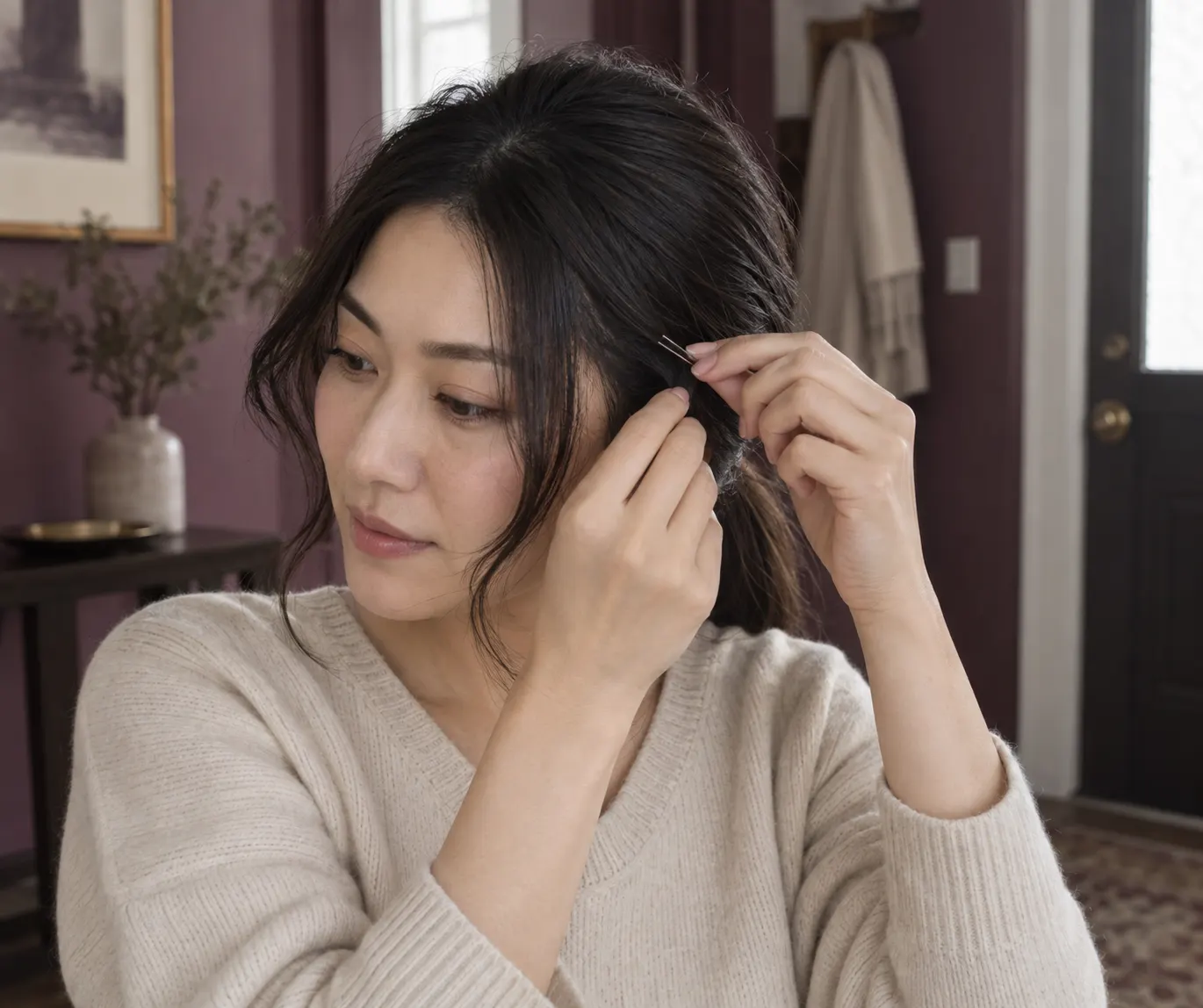 低いひとつ結びにした成人女性が、あご付近の顔まわりの髪をピンで留める様子