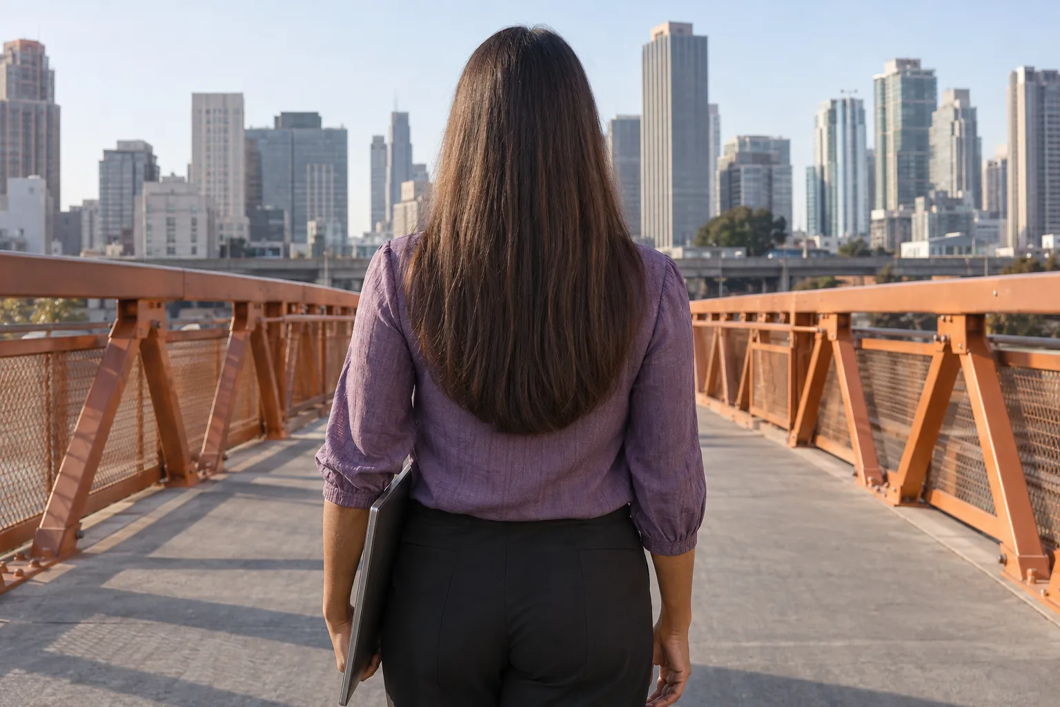 Rear view of an adult with long straight brown hair in a rounded U outline, wearing a violet blouse on an orange pedestrian bridge