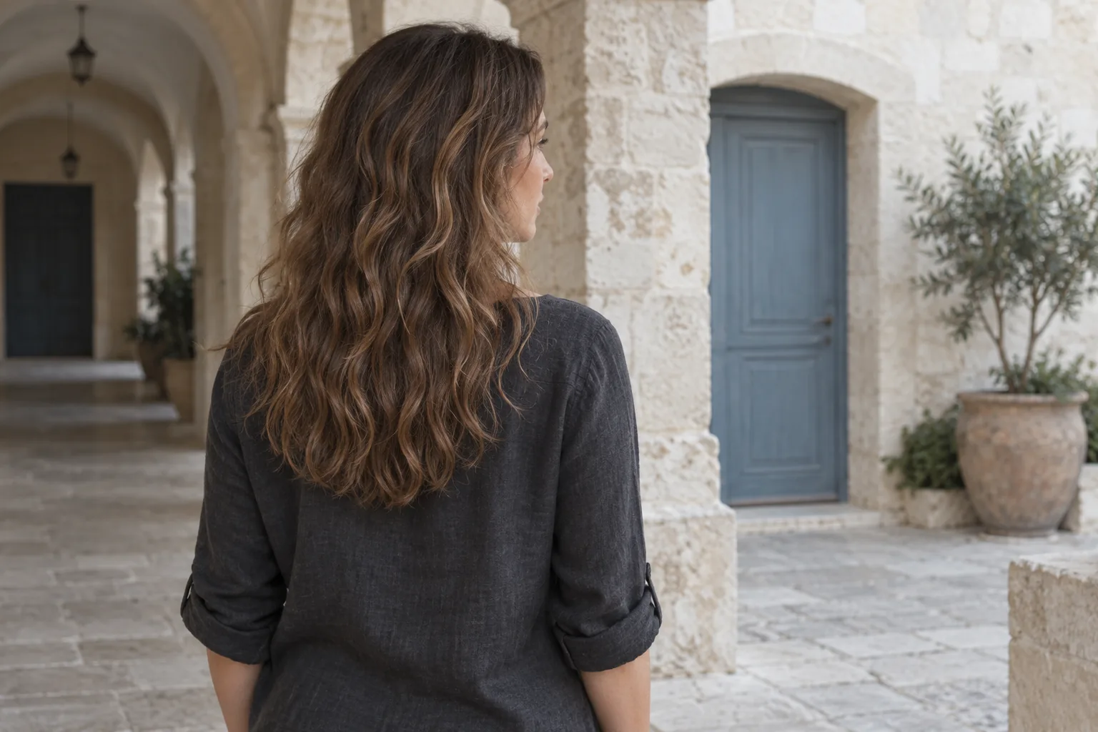 Adult with loose natural brown waves falling over a grey top in a covered stone arcade