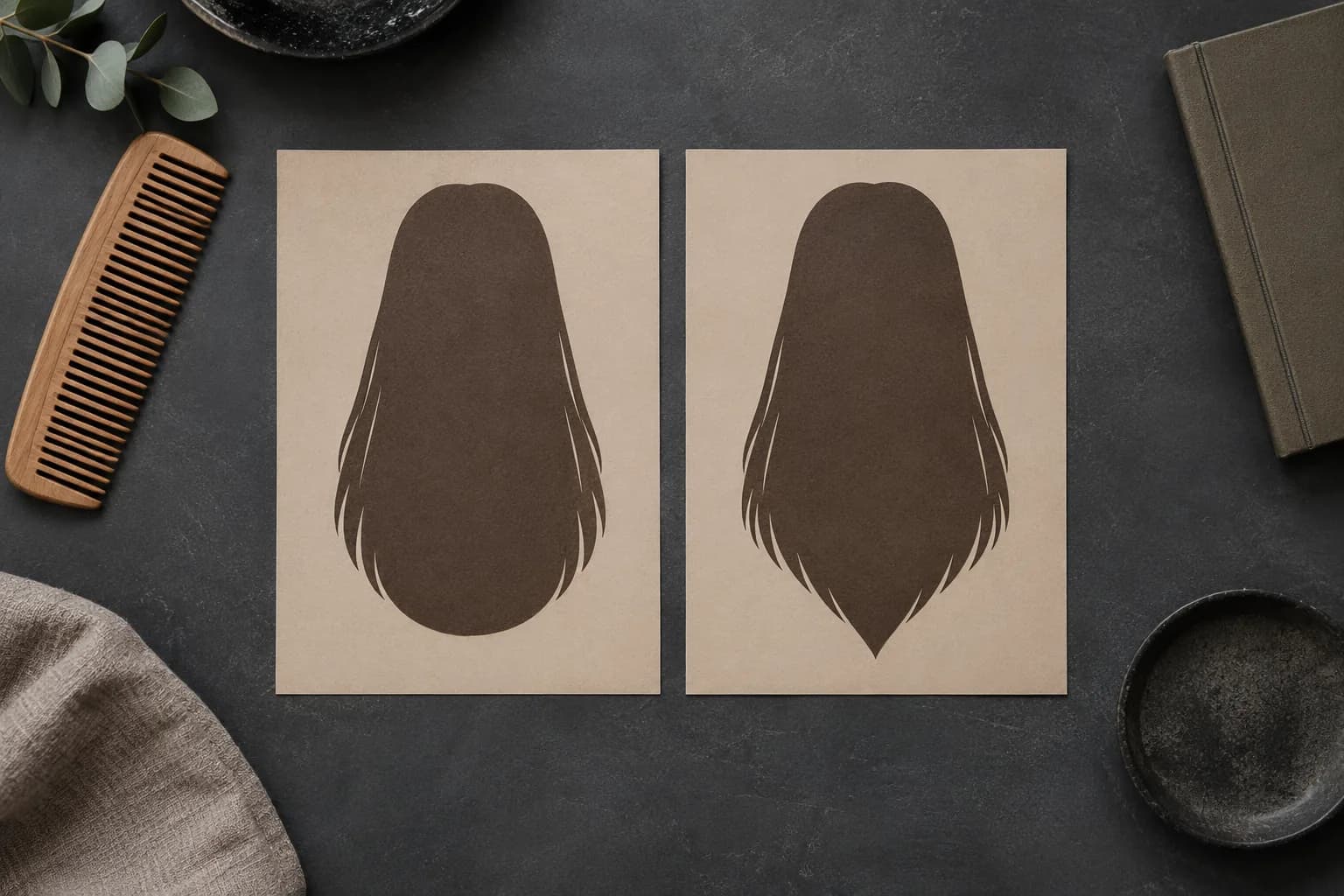 Two dark paper hair outlines, one rounded and one pointed, arranged on taupe sheets beside a comb on a charcoal table