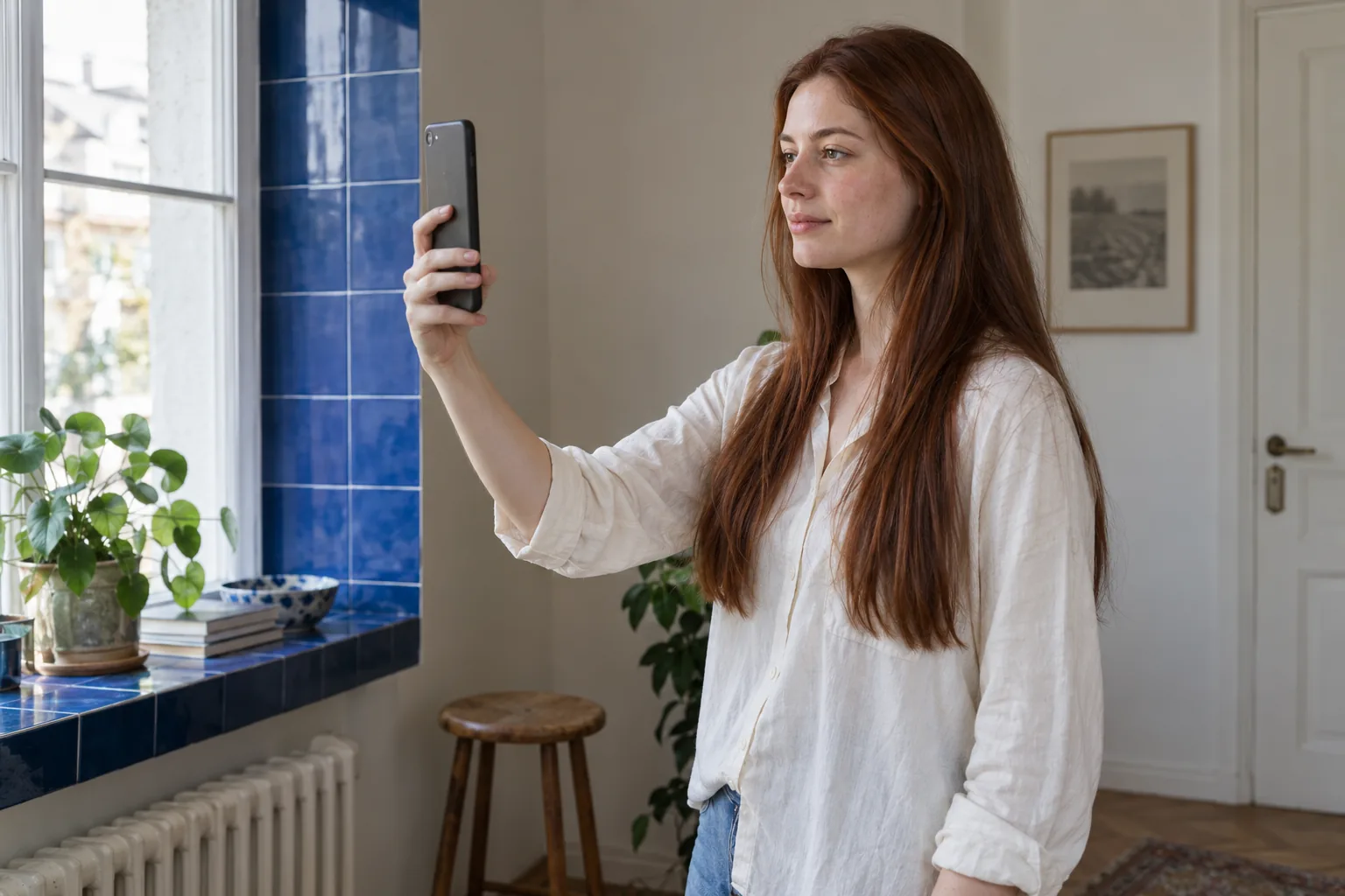 Adult with long auburn hair holds a phone at eye level beside a blue-tiled window to prepare a clear portrait