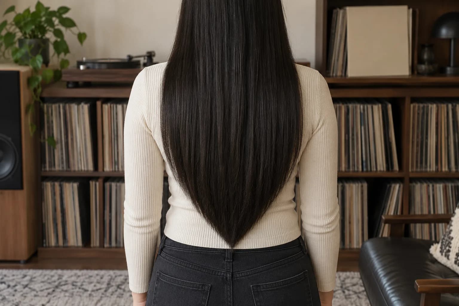 Long straight black hair forms a distinct V point against a cream shirt in a warm wood music room