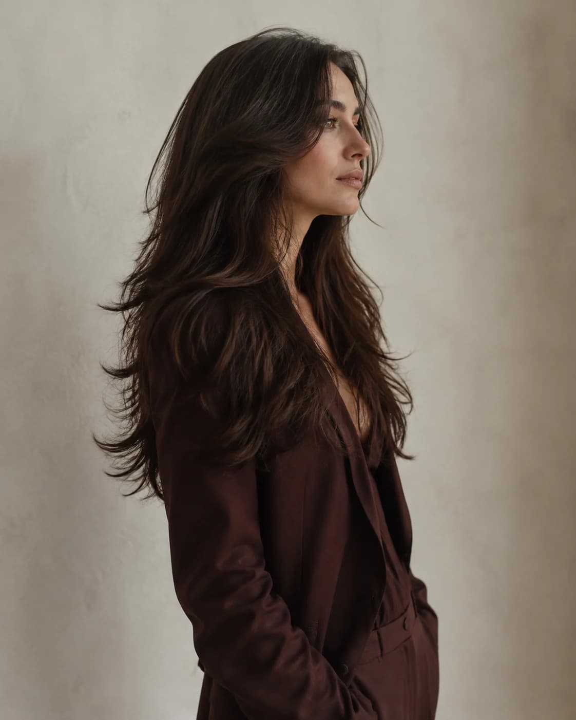 Dense layered haircut with controlled weight and a substantial outline